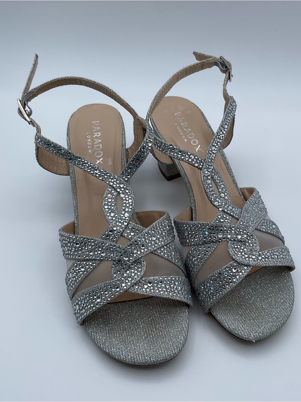 Paradox London Silver Rhinestone Slingback Block Heel Sandals Women’s 7.5 EU38
